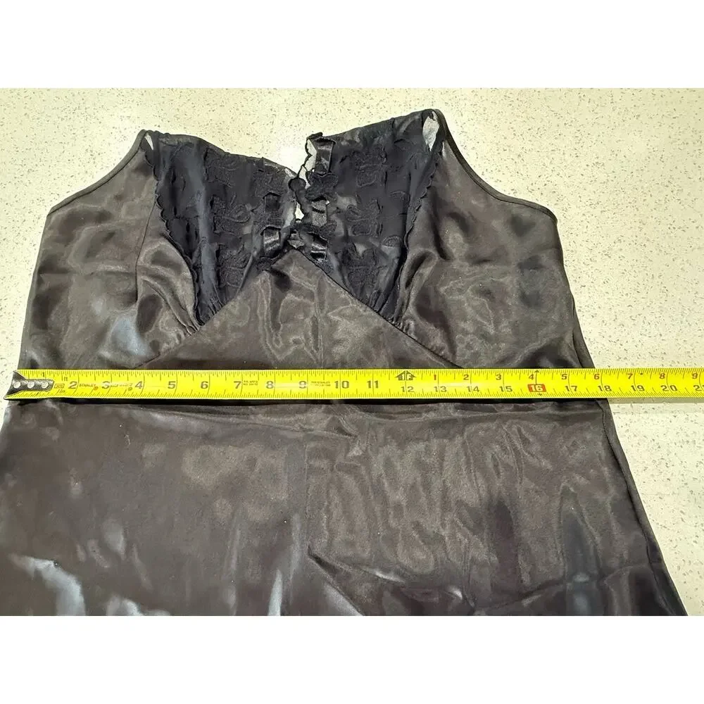 VTG Intimo Amore Black Lace Slip Dress Large Satin Open Back Strappy Romantic